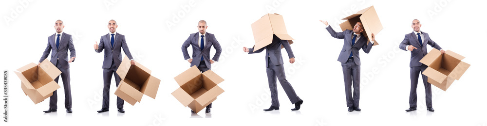 Businessman with box isolated on the white Businessman with box isolated on the white