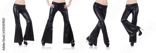 The black leather bell-bottomed trousers