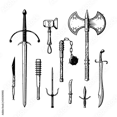 Vector set of ink medieval weapons isolated on white, including knives, a sword, a club, a hammer, a flail, a dagger, a scimitar, and a double-edged axe. Can represent the Middle Ages, warfare, advent