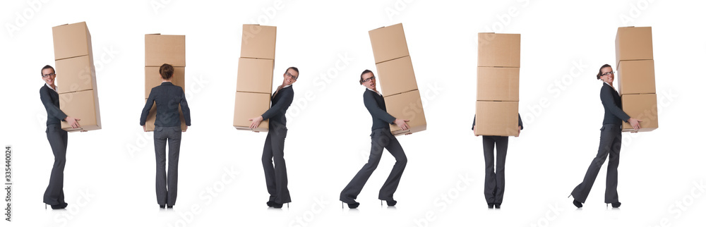 Woman businesswoman with boxes on white Woman businesswoman with boxes on white