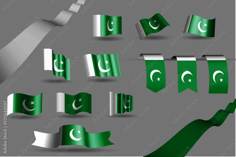 Many Pakistan flags, waving banners and bookmarks in the colors of the flag green, white vector illustration for anthem, flag day or any national celebration Many Pakistan flags, waving banners and bookmarks in the colors of the flag green, white vector illustration for anthem, flag day or any national celebration