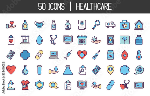 medical and healthcare icon set, line color style