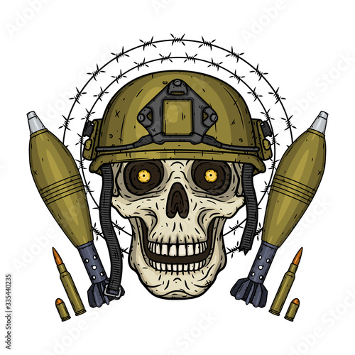 Soldier skull. Skull in helmet with mortar shells and barbed wire.