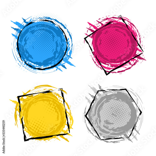 Set of four grunge splash banners. Vector splatter labels with space for text. Grunge label with geometric figures. Paint splash. Vector colorful paint splashes.