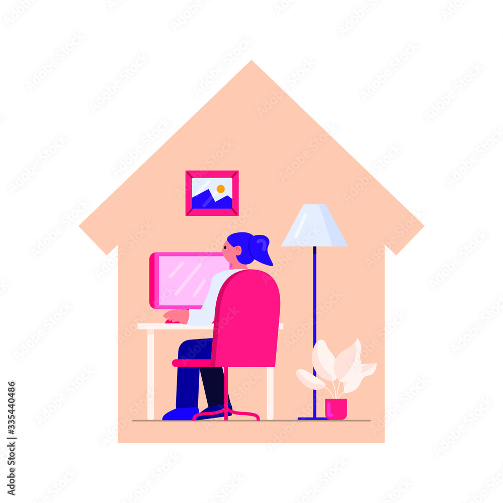 Flat Style Design. Freelancer WoMan Working at Home Telecommuting Vector Illustration Work from Home Flat Style Design. Freelancer WoMan Working at Home Telecommuting Vector Illustration Work from Home