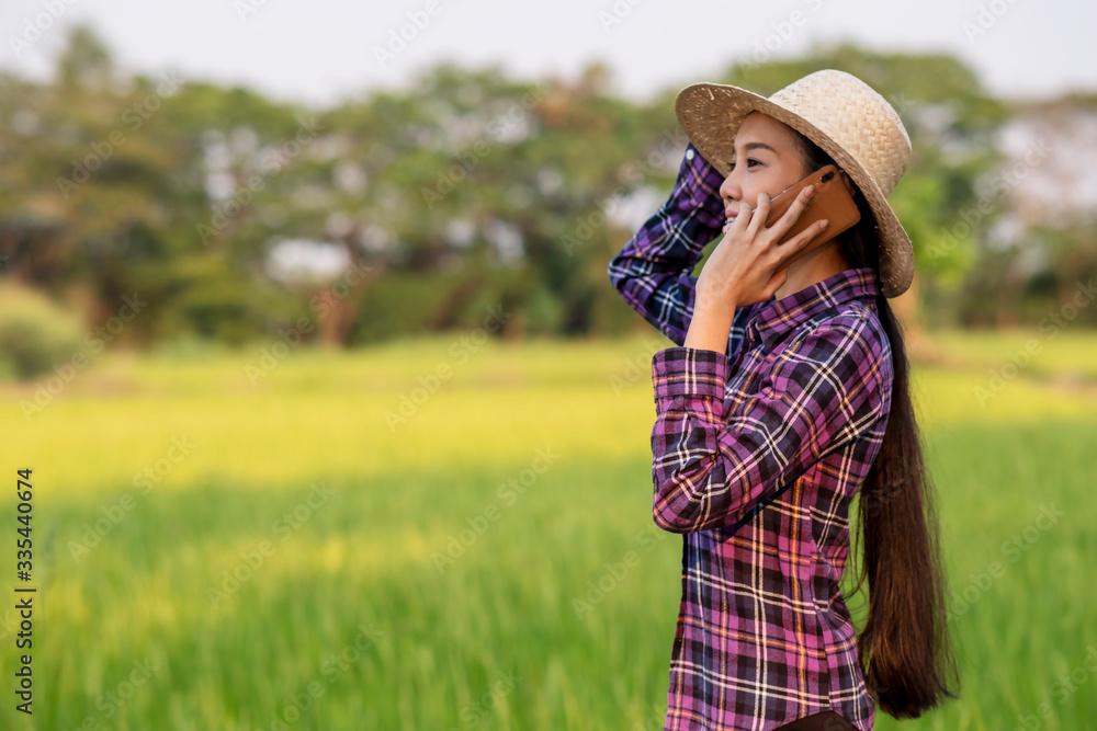 portrait of woman modern farmer in rice field agricultural production. and golden rice field background