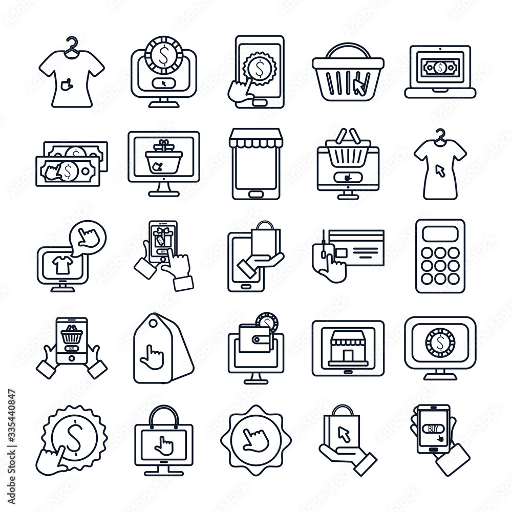 shopping bags and shopping online icon set, line style shopping bags and shopping online icon set, line style