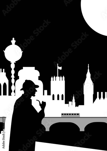 Illustration of Sherlock Holmes at night with the city of London in the background