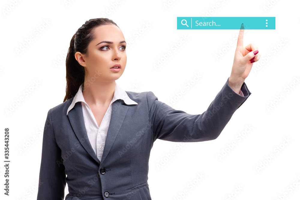 Search concept with businessman pressing button Search concept with businessman pressing button