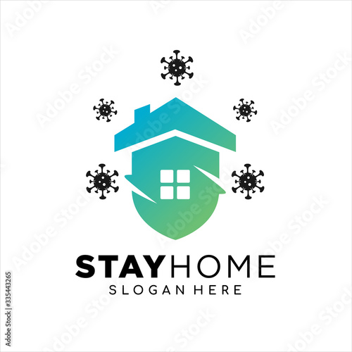 Stay at home. COVID 19 or coronavirus protection campaign logo. Self isolation appeal as sign or symbol. Virus prevention concept. Vector illustration.