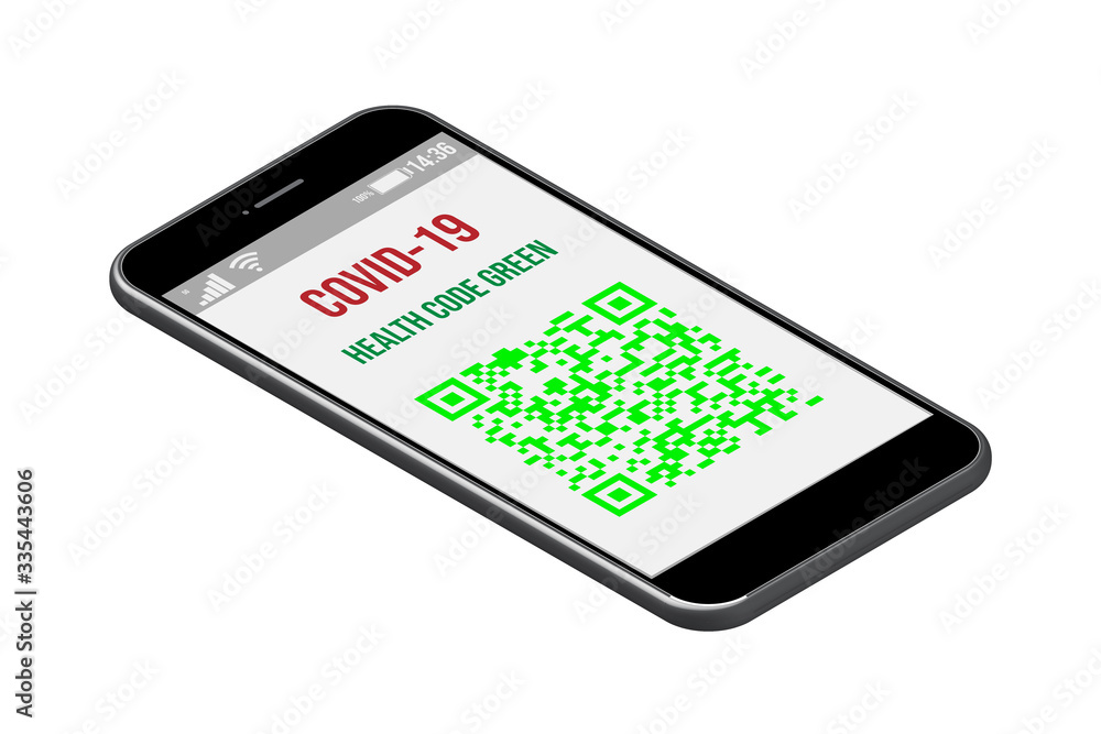 Smartphone 3D vector illustration with Covid-19 health green QR Code Smartphone 3D vector illustration with Covid-19 health green QR Code
