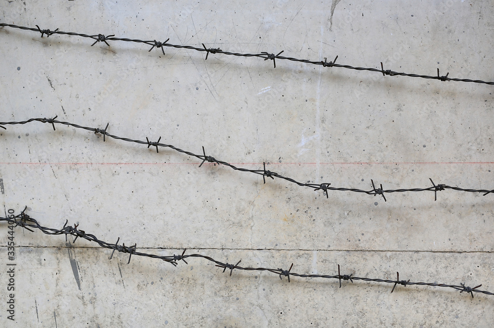 Obraz premium Rusty barbed wire on concrete wall background.