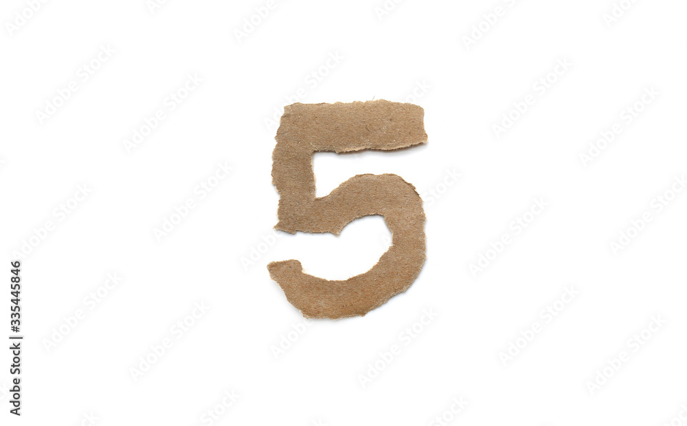Arabic number symbol isolated over white background. English flat brown torn paper number 5