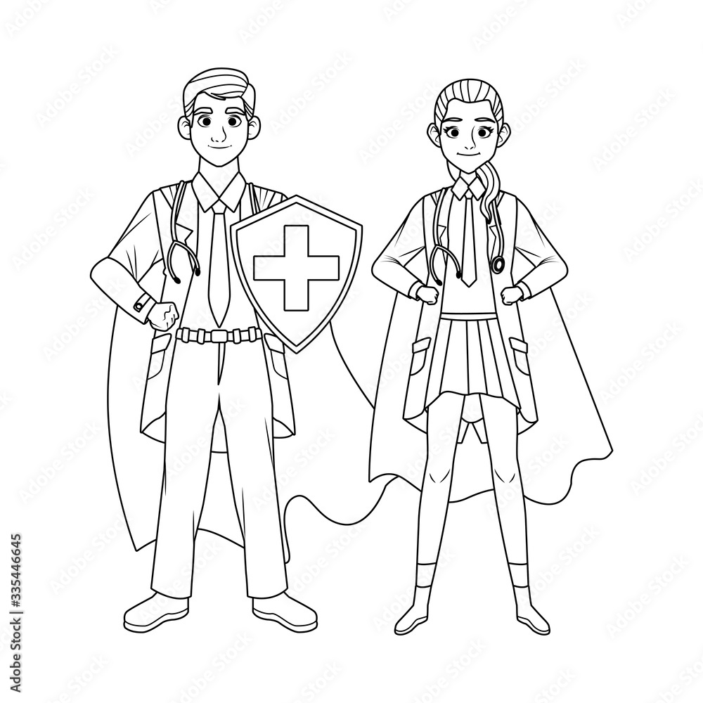 super doctors couple with hero cloak and shield vs covid19 super doctors couple with hero cloak and shield vs covid19