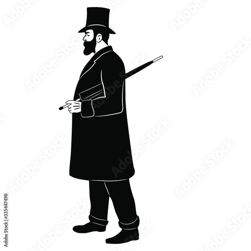 Isolated vector illustration. Standing man in vintage clothes. Victorian gentleman in cylinder with umbrella. Black and white silhouette. XIX century fashion.