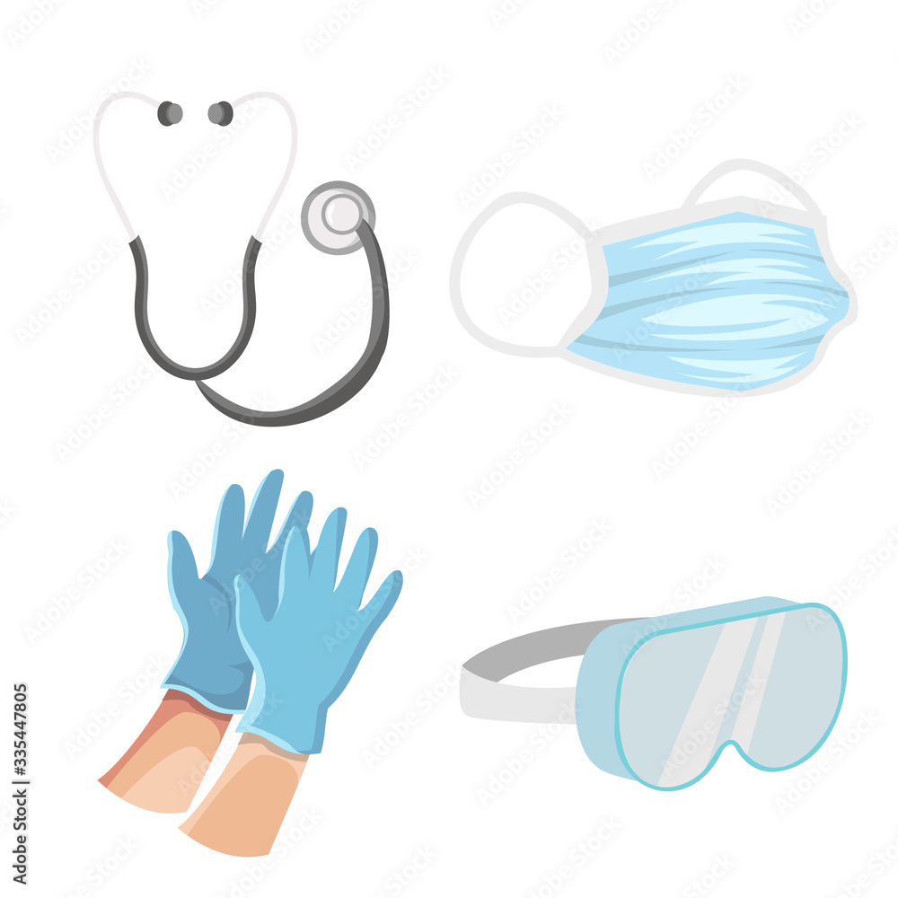Obraz premium Set of doctors and nurses for surgical protective medical for virus prevention, with a collection of illustrated masks, protective goggles, stethoscopes, gloves.