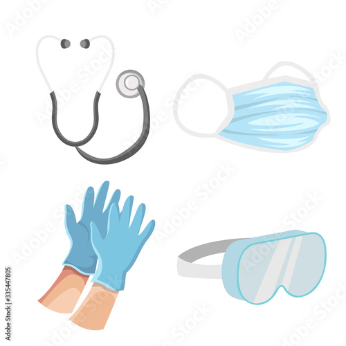 Set of doctors and nurses for surgical protective medical for virus prevention  with a collection of illustrated masks  protective goggles  stethoscopes  gloves.