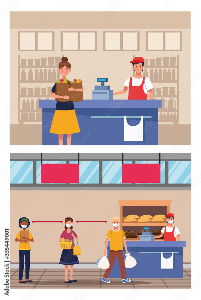 people shopping in supermarket with face mask people shopping in supermarket with face mask