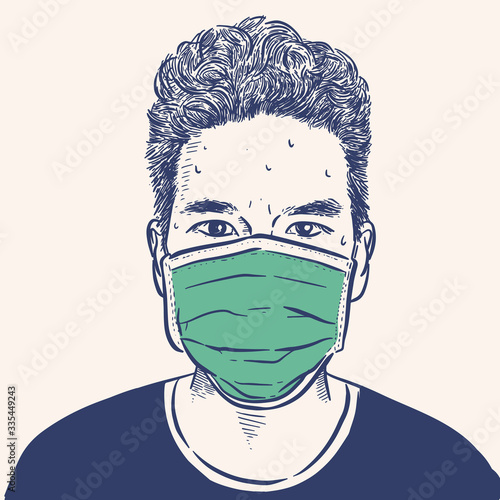 Man wearing hygienic mask to prevent infection, hand draw sketch vector.