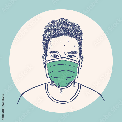 Man wearing hygienic mask to prevent infection, hand draw sketch vector.