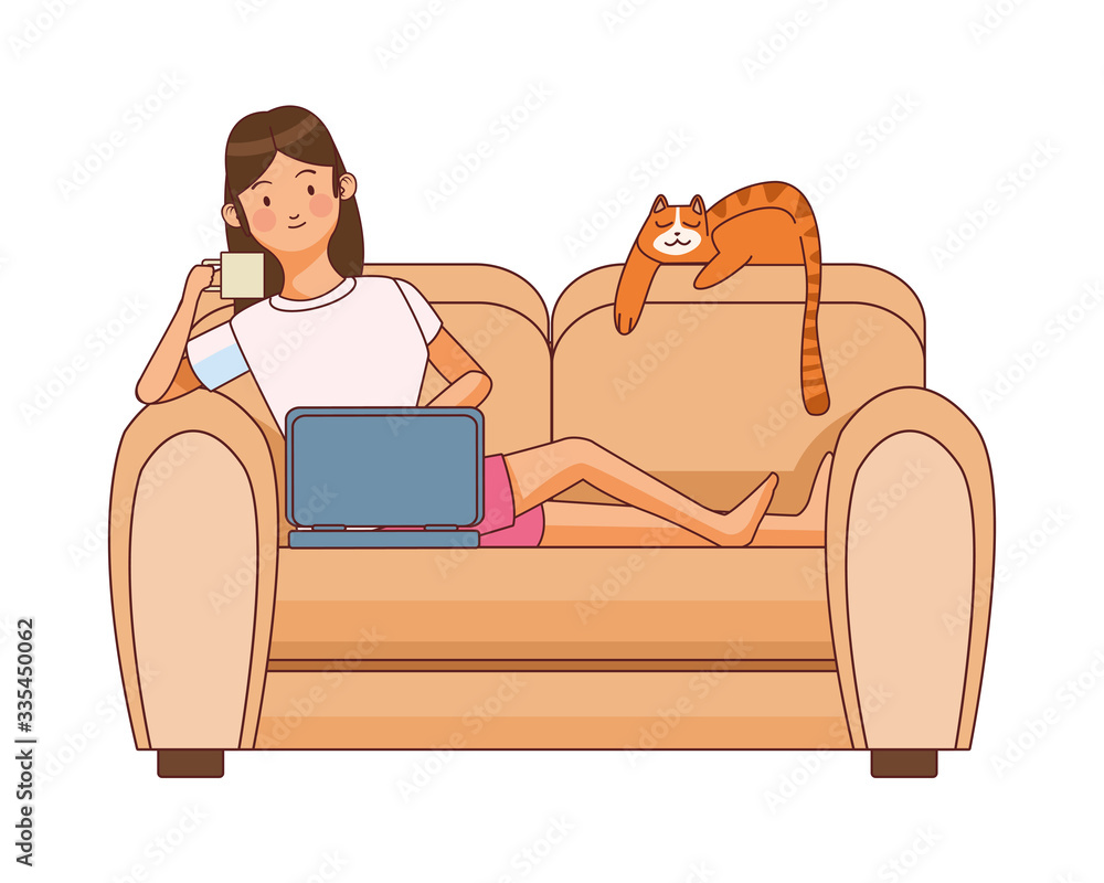 woman working with laptop in the sofa and cat woman working with laptop in the sofa and cat