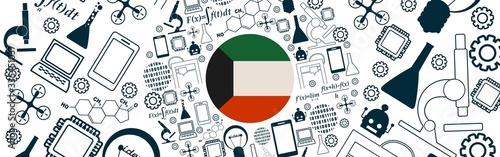 Innovation and technology concept. Circle frame with thin line icons. Flag of the Kuwait