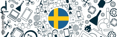 Innovation and technology concept. Circle frame with thin line icons. Flag of the Sweden