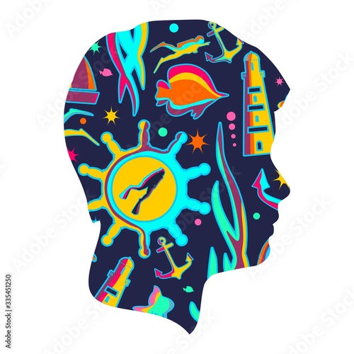 Silhouette of diver. Underwater world background. Double exposure portrait of young man and diving icons. Marine life