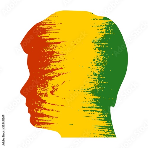 Double exposure portrait of young man. Guinea flag design concept. Flag textured by grungy wood pattern. Image relative to travel and politic themes