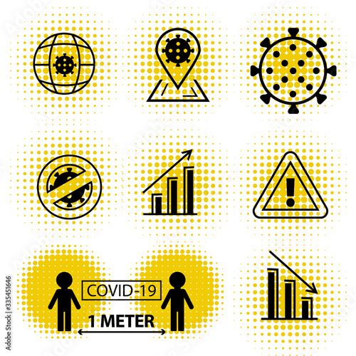 Coronavirus icons. Line black icons with yellow spay halftone. Keep distance 1 meter. Business losses.