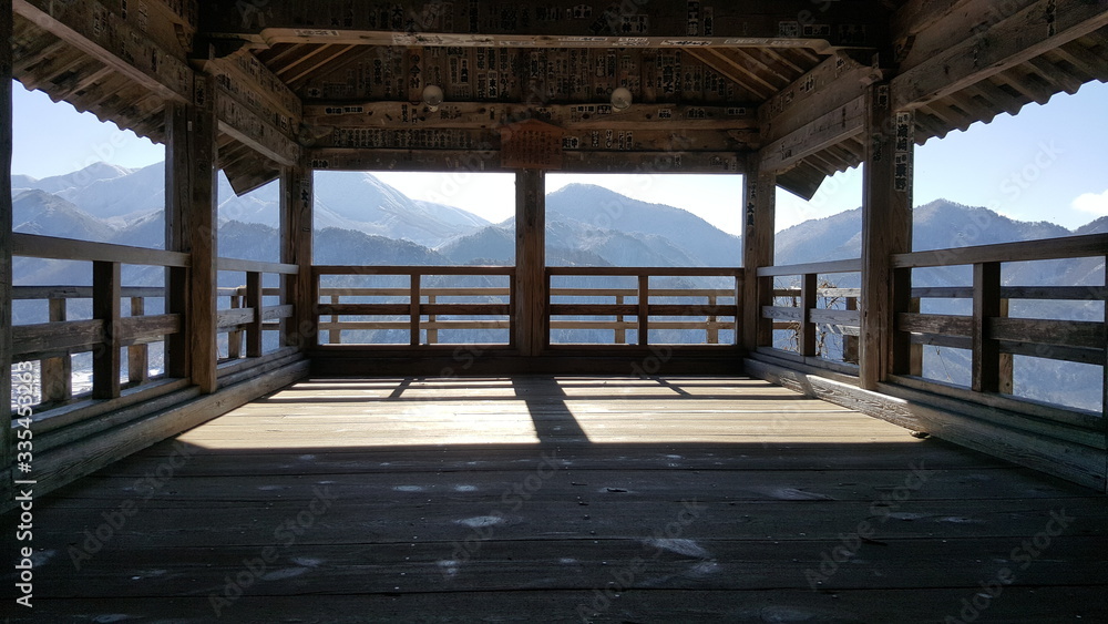 View of the mountains under the snow from the observation deck, Yamadera temple, Snow mountain