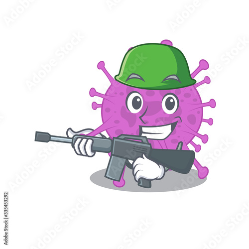 A cartoon picture of avian coronavirus in Army style with machine gun photo