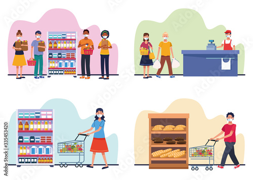 people shopping in supermarket with face mask