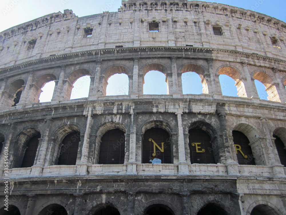 A low angle shot of part of roman Colosseum