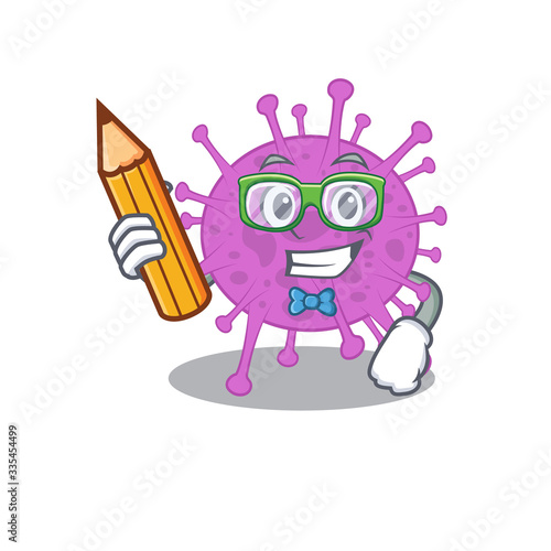 A brainy student avian coronavirus cartoon character with pencil and glasses