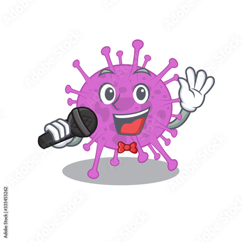 Talented singer of avian coronavirus cartoon character holding a microphone