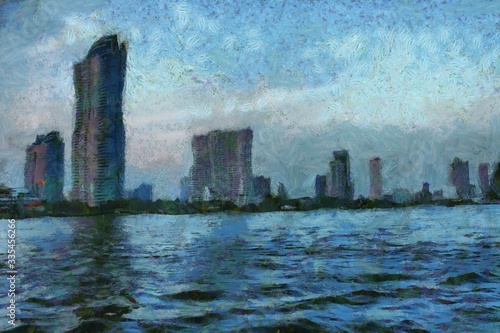 The landscape of the riverside in the city Illustrations creates an impressionist style of painting.