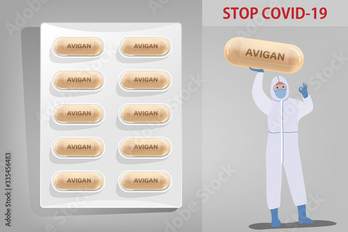 Medicine Capsule pack with text Favilavir is name of drug for antiviral or Avigan to treat virus include Covid-19 approved by China can use for anti Coronavirus disease Vector illustration