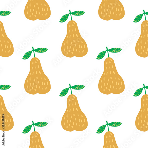 Geometric yellow pears seamless pattern on white background. Sweet fruits wallpaper in doodle style. V