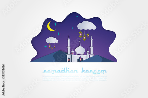 Ramadan Kareem. A Mosque, an Arabic Lantern, desert and Moon on night clear sky. Greeting card design, an invitation for Muslim's holy month,