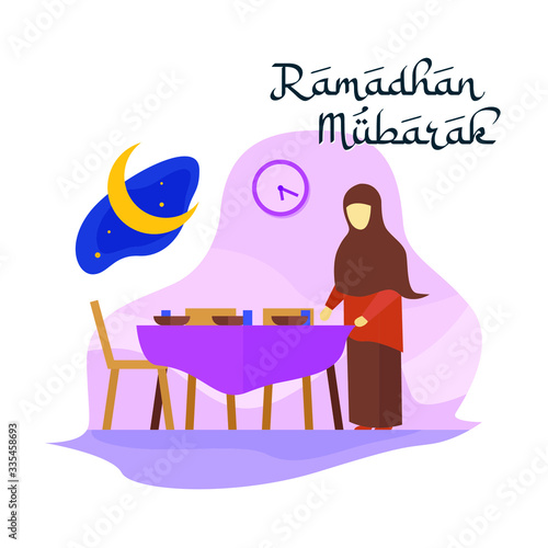 Woman coocking time for ramadhan flat illustration