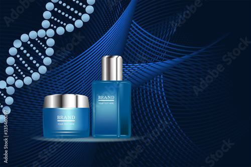 Beauty product ad design, blue cosmetic containers with collagen solution advertising background ready to use, luxury skin care banner, illustration vector.