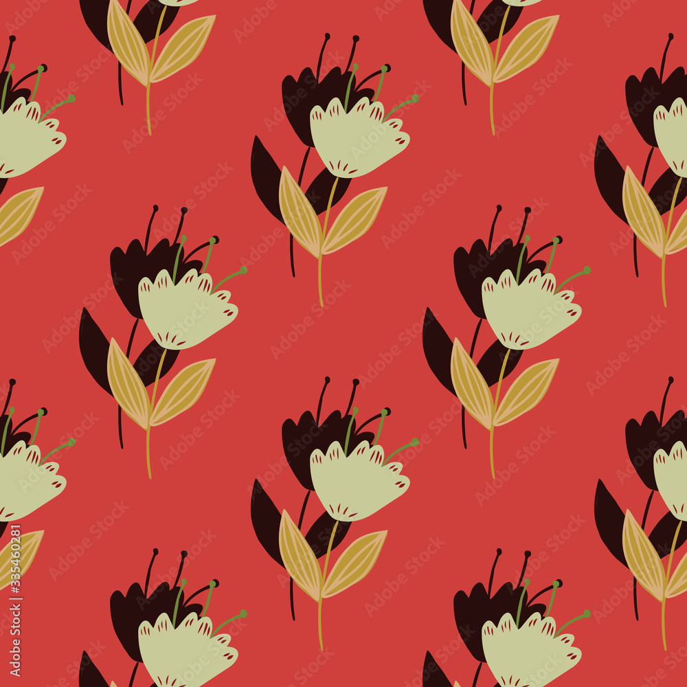Geometric vintage flowers seamless pattern on red background. Abstract floral wallpaper.