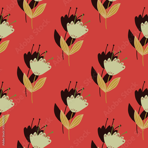 Geometric vintage flowers seamless pattern on red background. Abstract floral wallpaper.