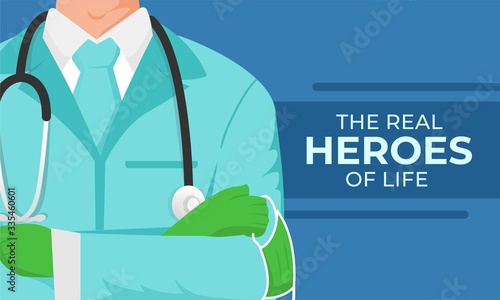 doctors the real heroes of life. thank you for dedication, effort, moments and strength against viruses. coronavirus, covid-19, vector illustration