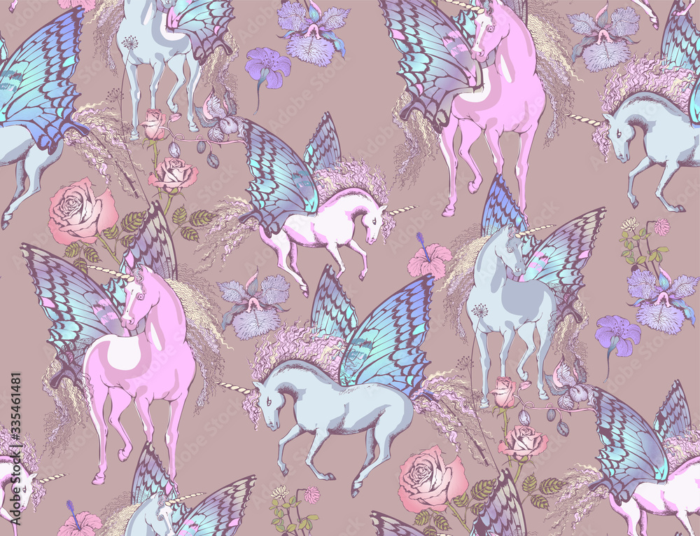 Magic Unicorn. Seamless pattern. Vector illustration. Suitable for fabric, wrapping paper and the like