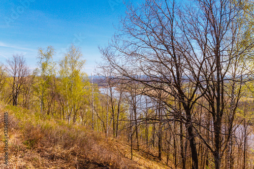 Top view of the bend of the river, two banks, bare branches against the blue sky on a spring day © Natalya