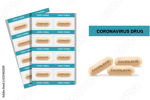 Medicine Capsule with text Favilavir is name of drug for antiviral or Avigan to treat virus include Covid-19 approved by China can use for anti Coronavirus disease Vector illustration