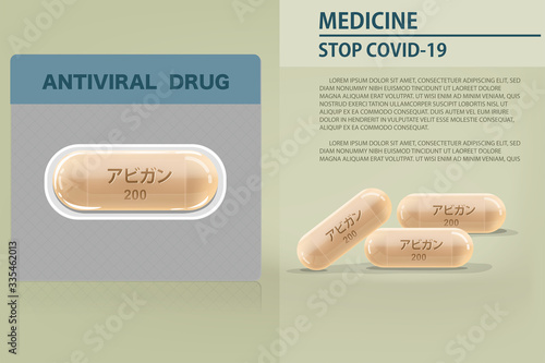 Medicine capsule with text has meaning Faripiravir medicine or Avigan to treat virus include Covid-19 approved by China can use for anti Coronavirus Vector illustration