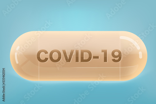 Realistic Antiviral capsule for treatment COVID-19 or Coronavirus isolate on blue background vector illustration photo